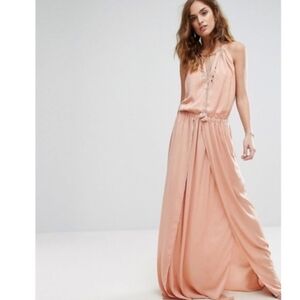 The Jetset Diaries Omara Blush Peach Copper Satin Maxi Dress